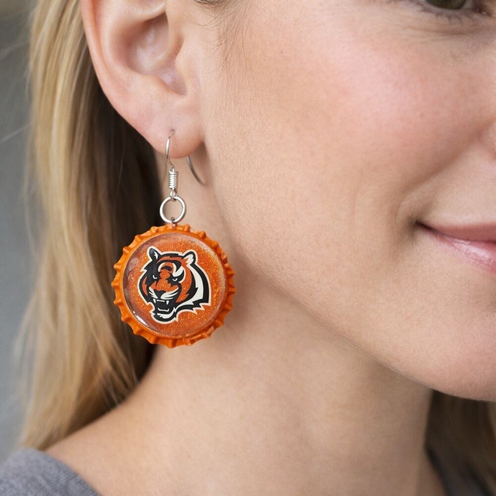Cincinnati Bengals Bottle Cap Earrings Handmade Orange Glitter Football Jewelry